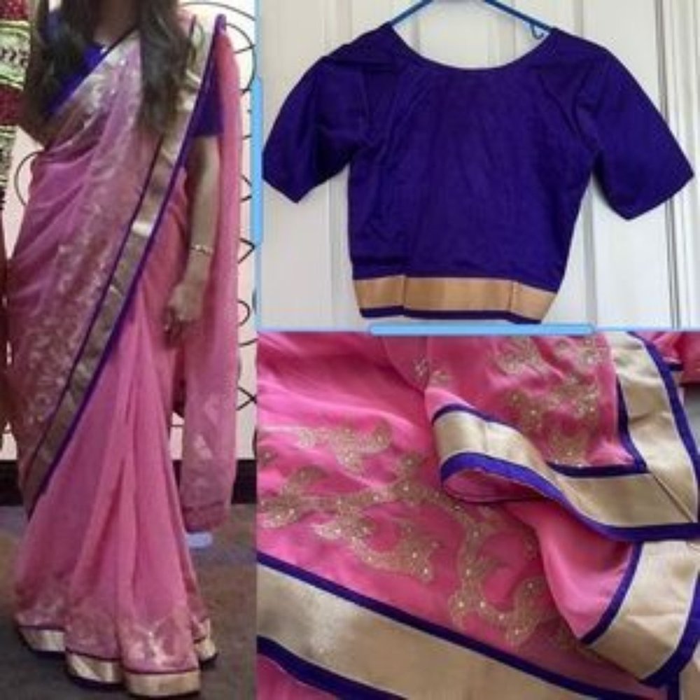 Handmade Saree Indian Wedding Outfit Small Stitched blouse, Skirt Liner, & Saree